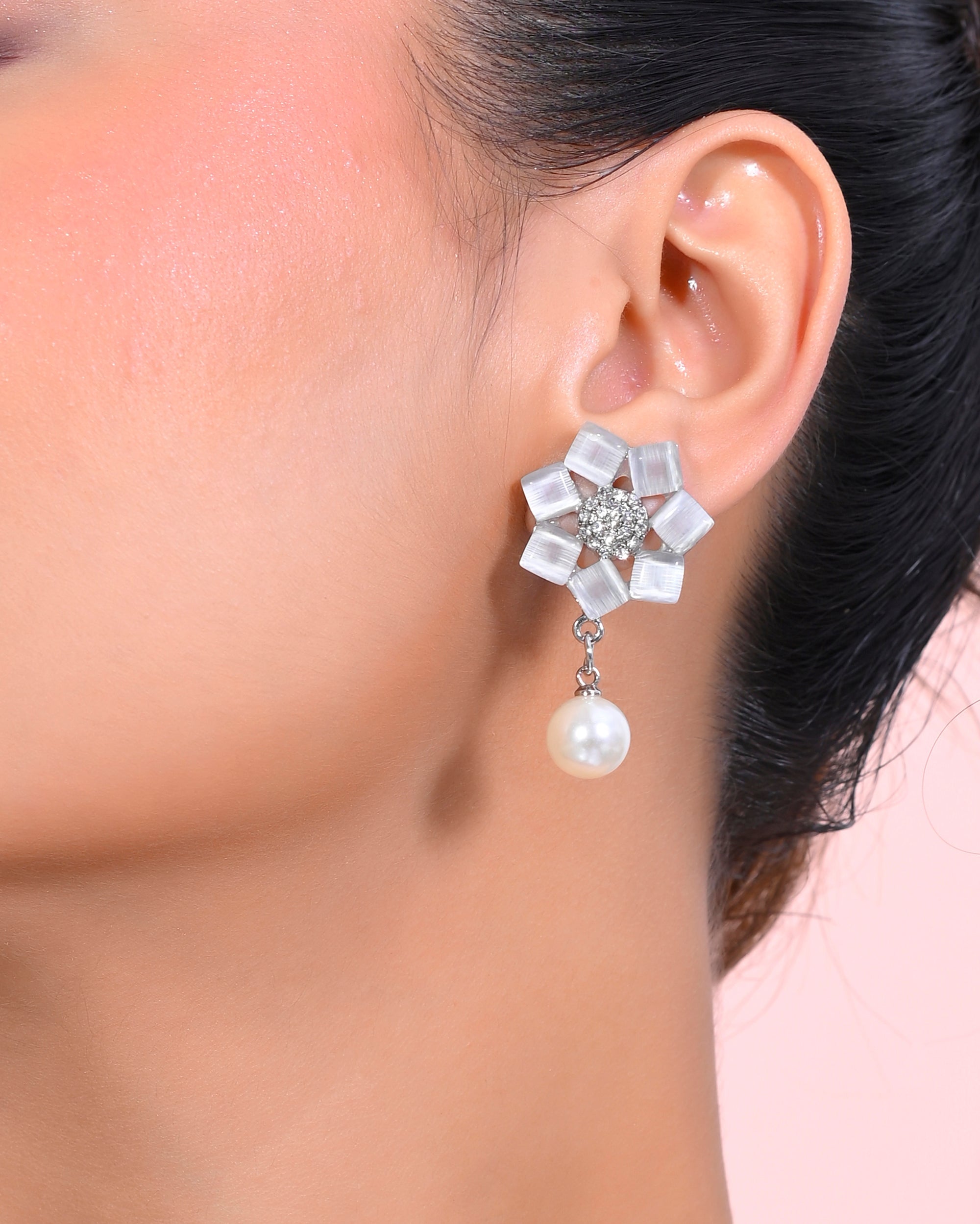 VOJ Silver Plated Floral Stone Studded Earrings - Distacart