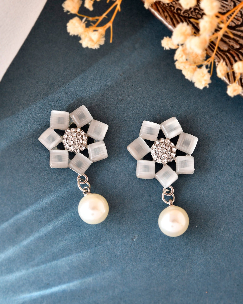 VOJ Silver Plated Floral Stone Studded Earrings - Distacart