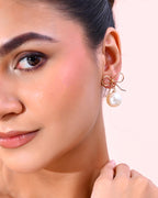 VOJ Gold-Polished Pearl & Bow Shaped Classic Drop Earrings - Distacart