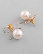 VOJ Gold-Polished Pearl & Bow Shaped Classic Drop Earrings - Distacart