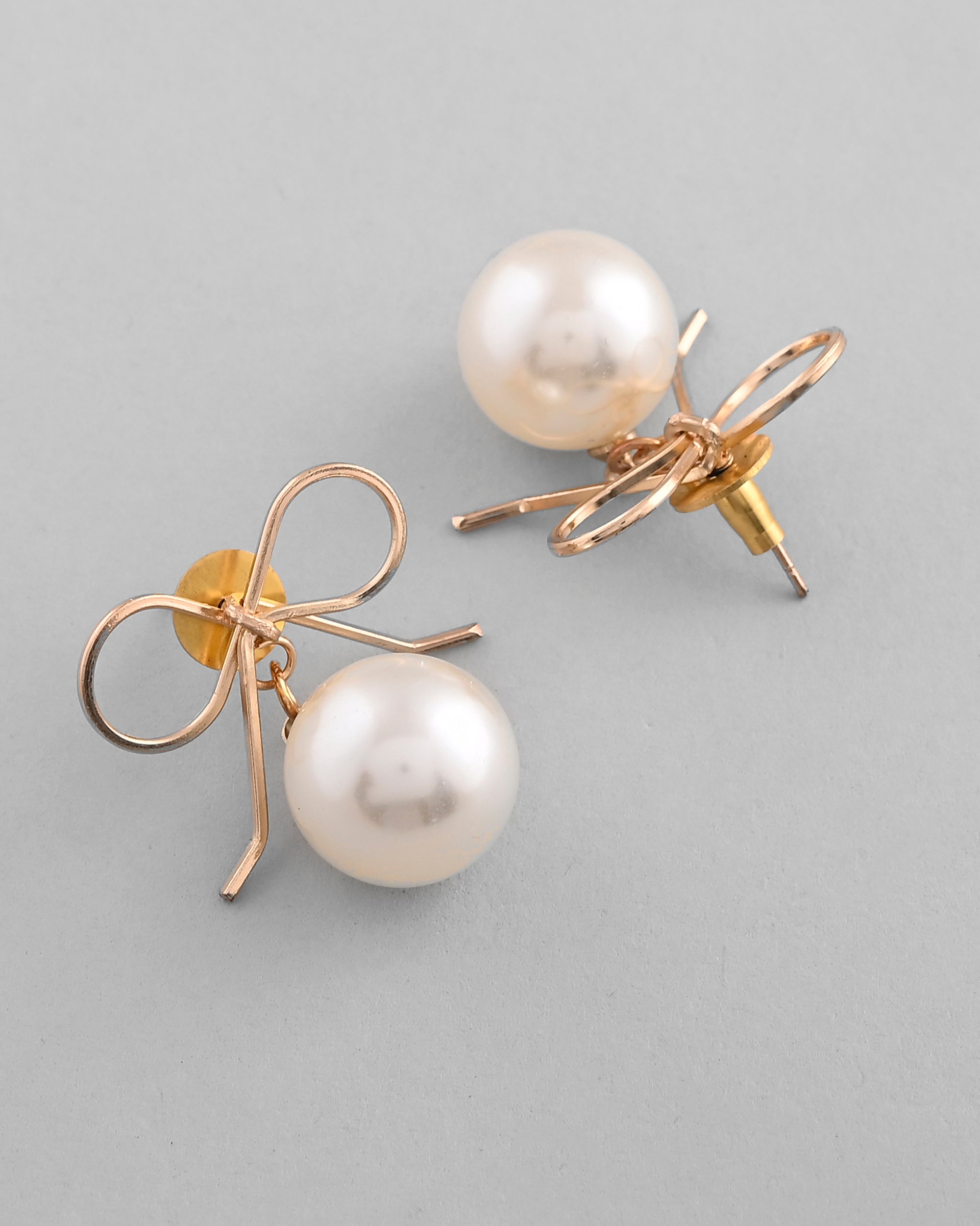 VOJ Gold-Polished Pearl & Bow Shaped Classic Drop Earrings - Distacart