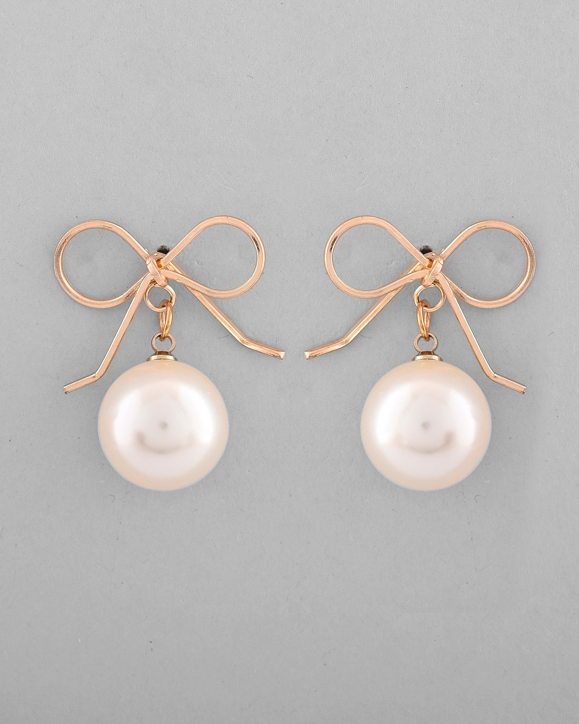 VOJ Gold-Polished Pearl & Bow Shaped Classic Drop Earrings - Distacart