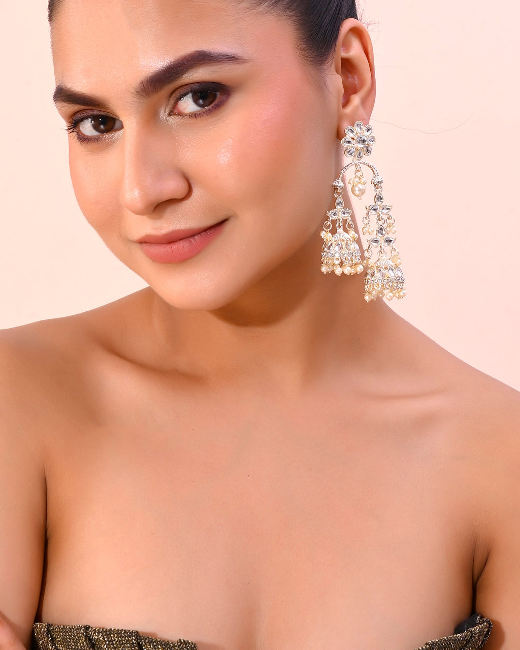 VOJ Gold-Polished Kundan Contemporary Up & Down Jhumka Earrings - Distacart