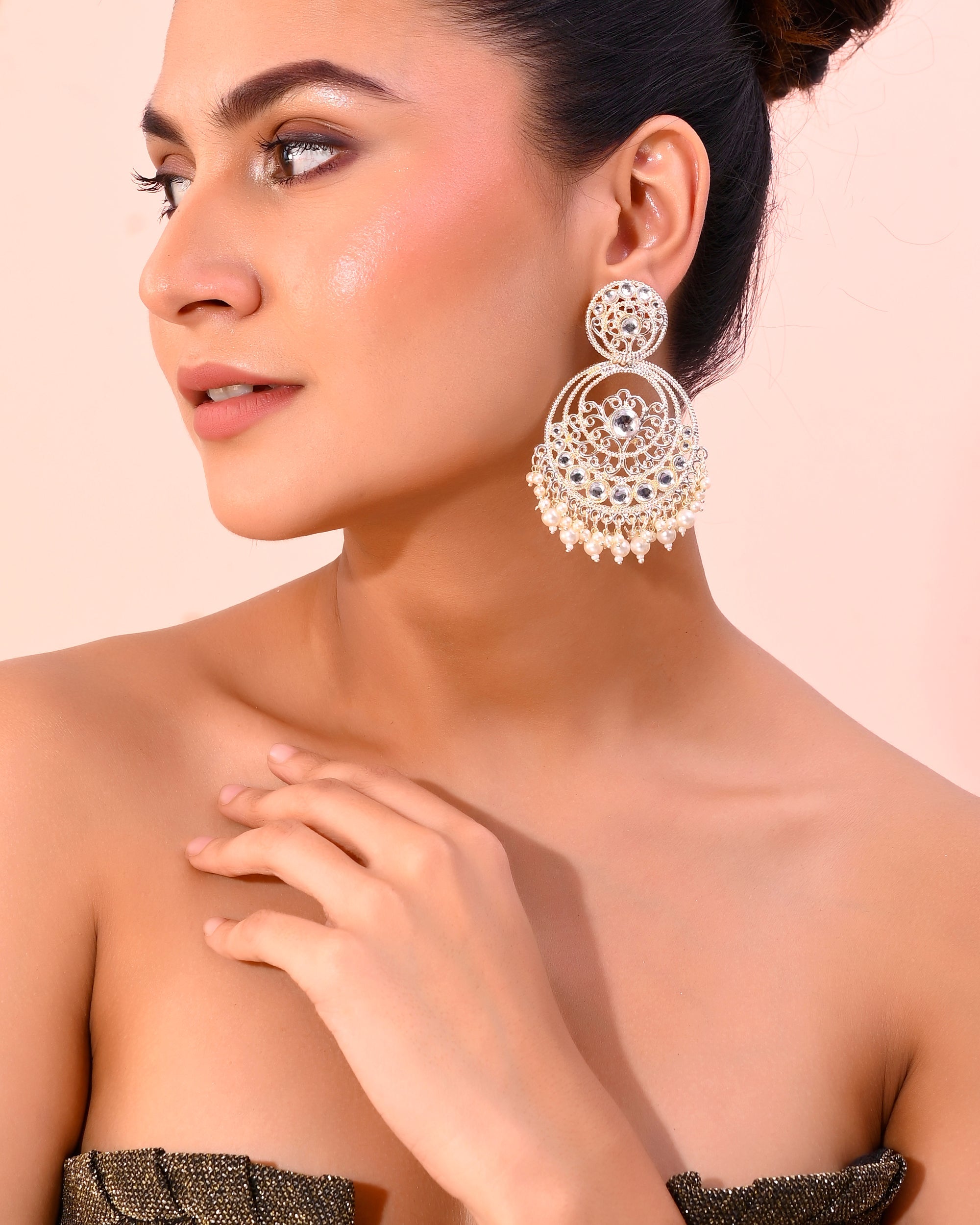 VOJ Gold-Polished Kundan Contemporary Circular Chandbaali Earrings - Distacart