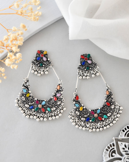 VOJ Silver plated Multi Colour Peacock Oxidized Contemporary Earrings