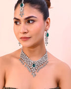 VOJ Silver Plated CZ-Stone Studded With Green Stone Choker Set With Mangtikka