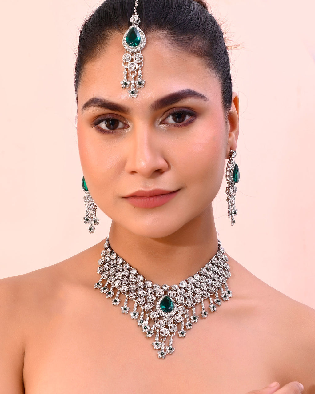 VOJ Silver Plated CZ-Stone Studded With Green Stone Choker Set With Mangtikka