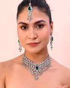 VOJ Silver Plated CZ-Stone Studded With Green Stone Choker Set With Mangtikka