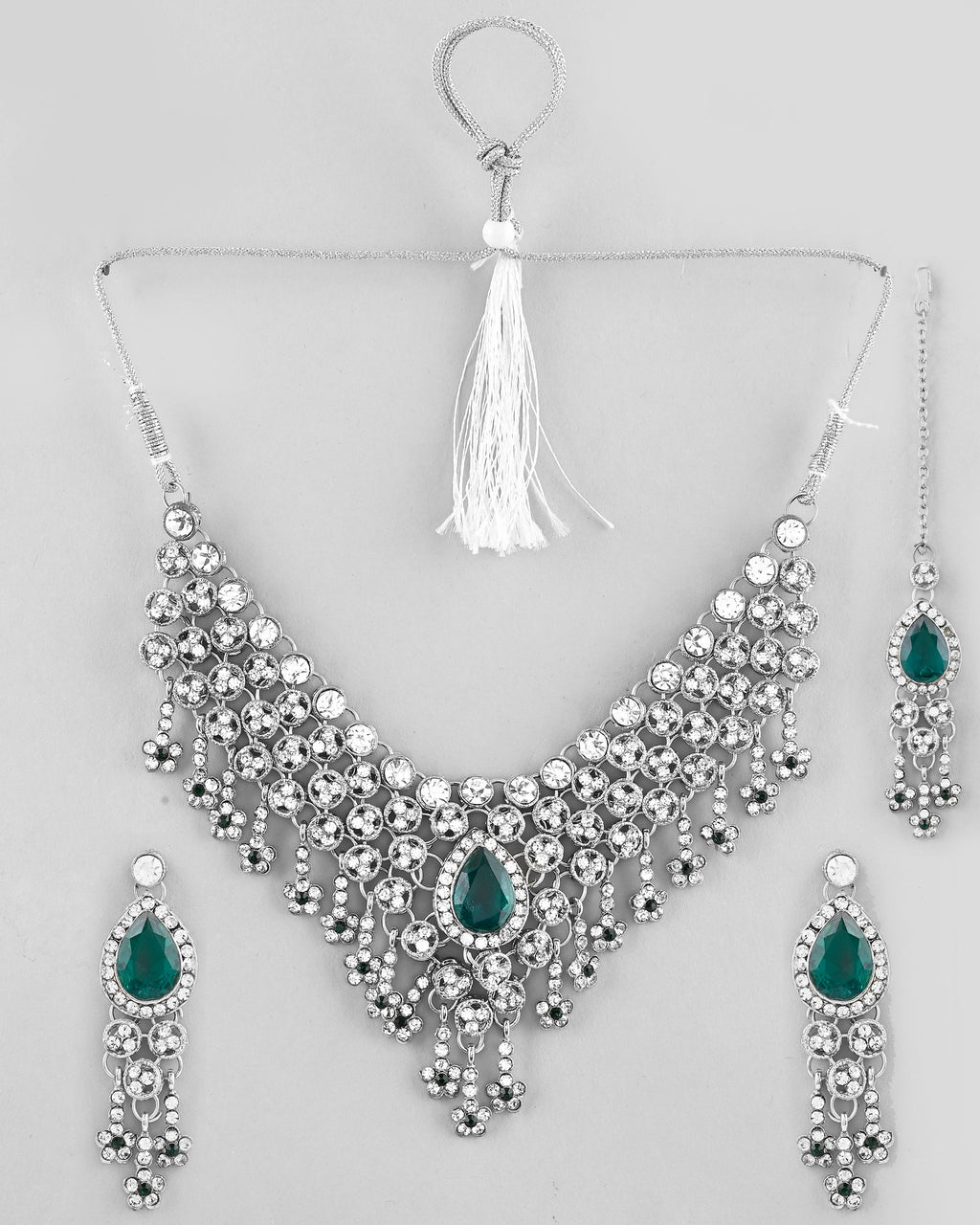 VOJ Silver Plated CZ-Stone Studded With Green Stone Choker Set With Mangtikka
