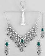 VOJ Silver Plated CZ-Stone Studded With Green Stone Choker Set With Mangtikka