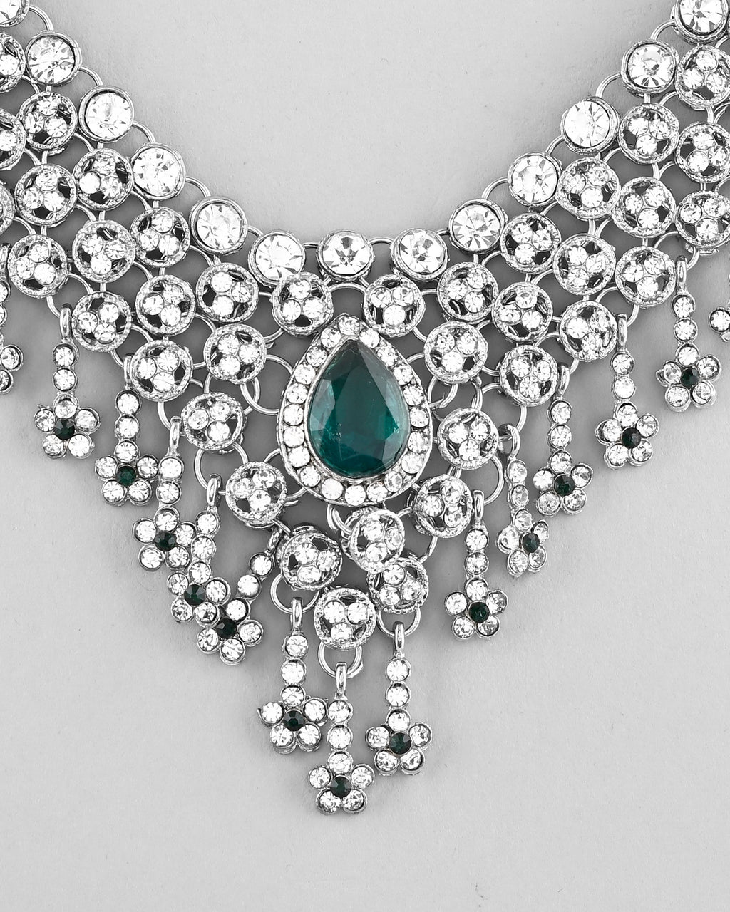 VOJ Silver Plated CZ-Stone Studded With Green Stone Choker Set With Mangtikka