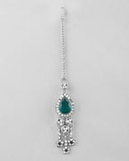 VOJ Silver Plated CZ-Stone Studded With Green Stone Choker Set With Mangtikka