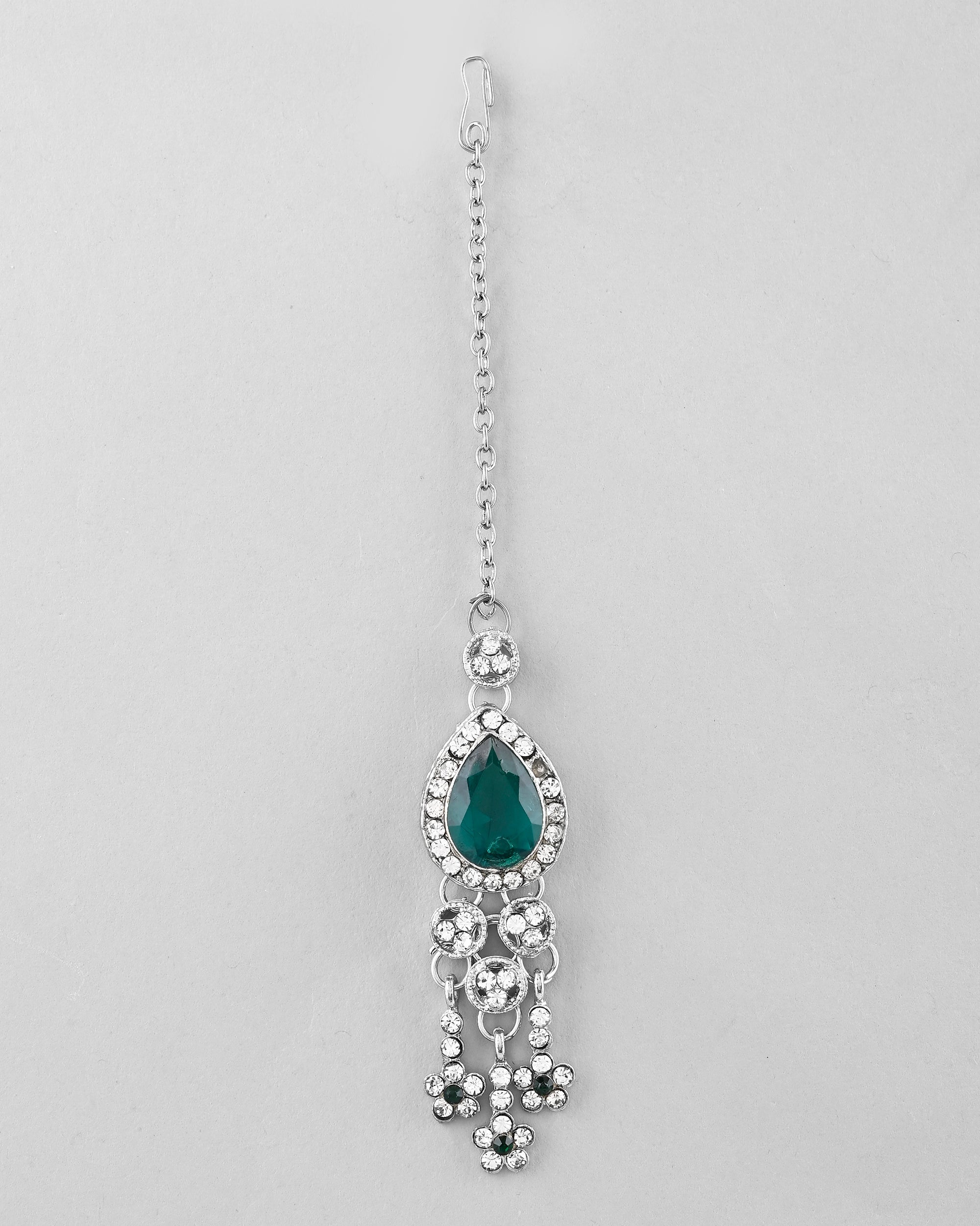 VOJ Silver Plated CZ-Stone Studded With Green Stone Choker Set With Mangtikka