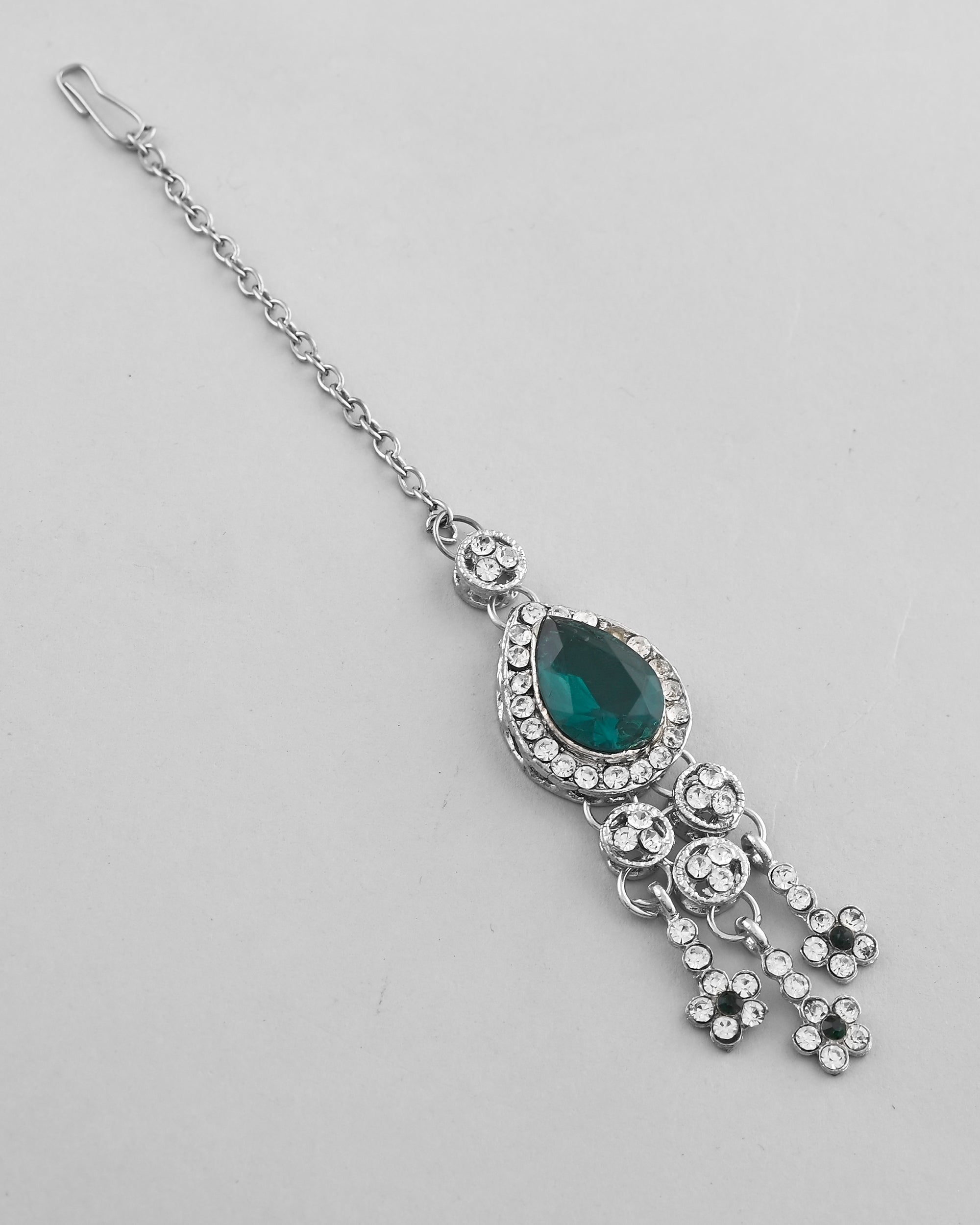 VOJ Silver Plated CZ-Stone Studded With Green Stone Choker Set With Mangtikka