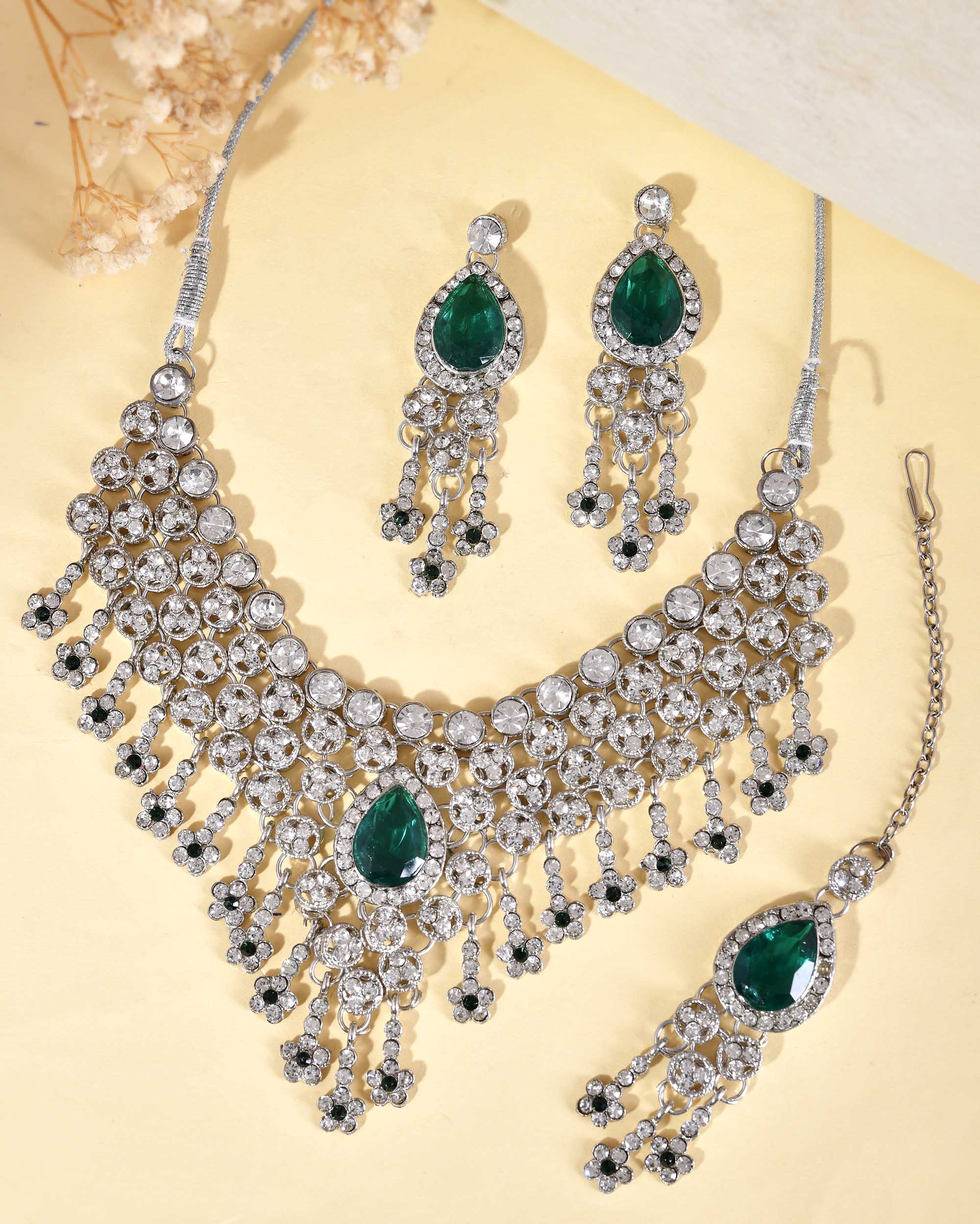 VOJ Silver Plated CZ-Stone Studded With Green Stone Choker Set With Mangtikka
