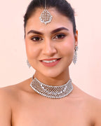 VOJ Silver Plated CZ-Stone Studded Choker Set With Mangtikka