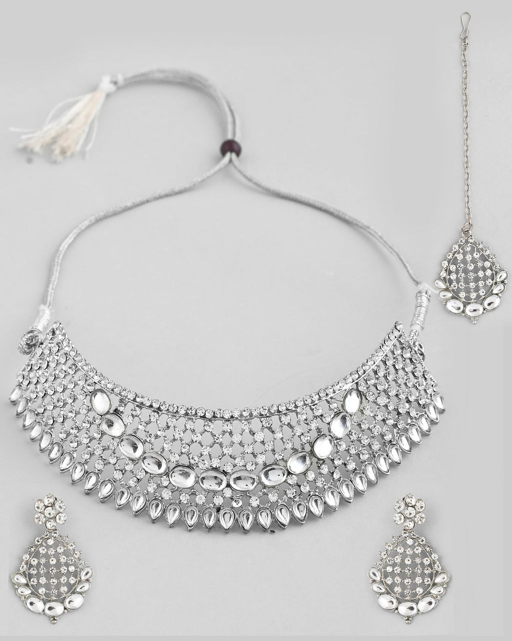 VOJ Silver Plated CZ-Stone Studded Choker Set With Mangtikka