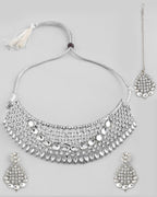 VOJ Silver Plated CZ-Stone Studded Choker Set With Mangtikka
