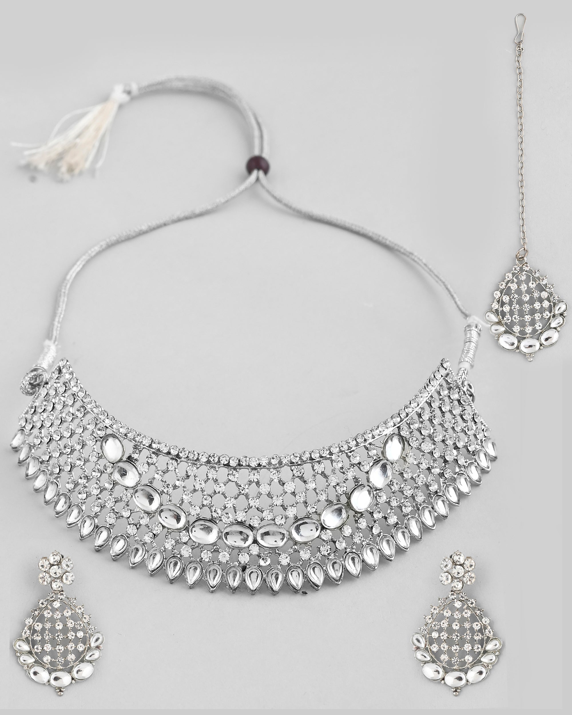 VOJ Silver Plated CZ-Stone Studded Choker Set With Mangtikka