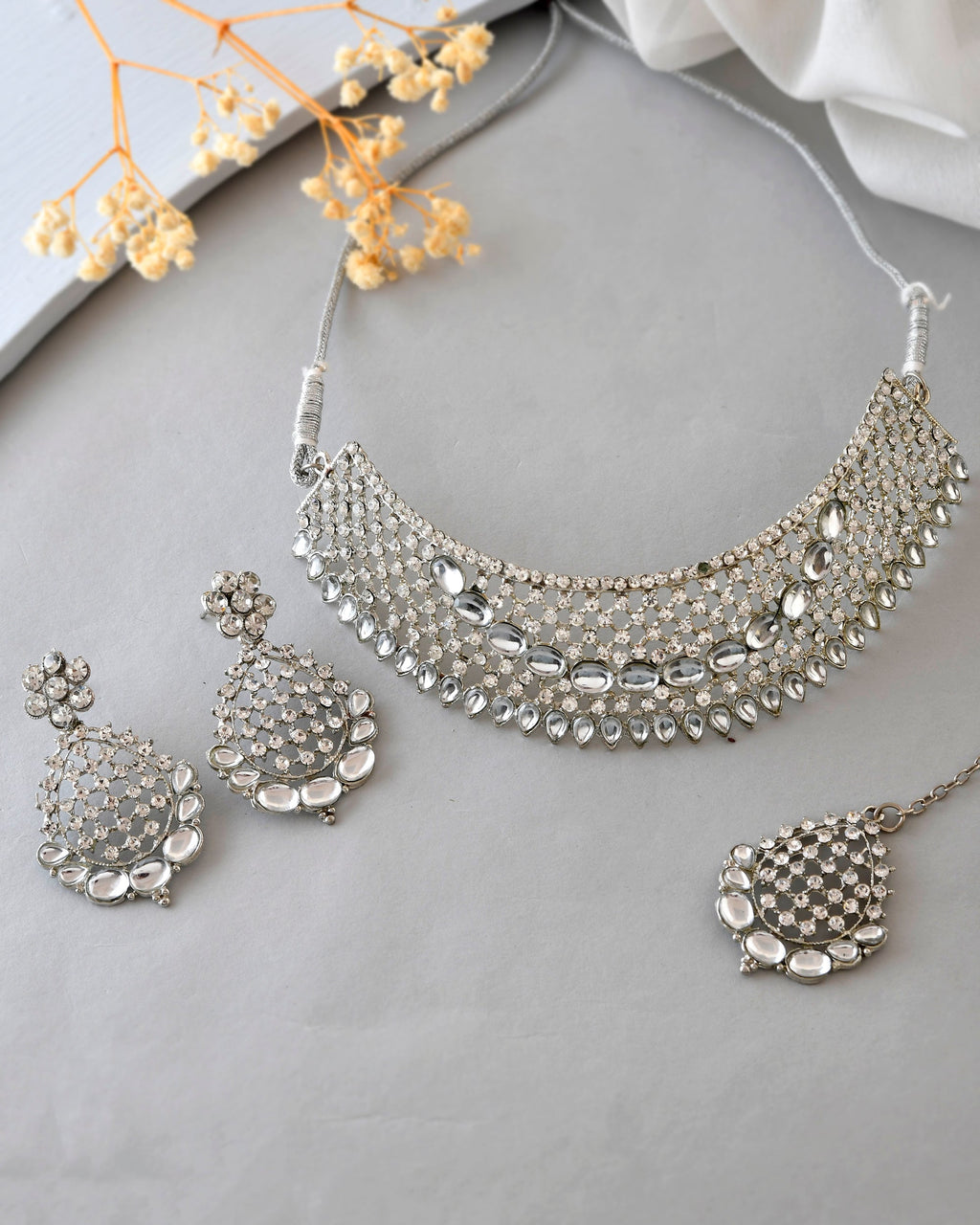 VOJ Silver Plated CZ-Stone Studded Choker Set With Mangtikka