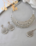 VOJ Silver Plated CZ-Stone Studded Choker Set With Mangtikka