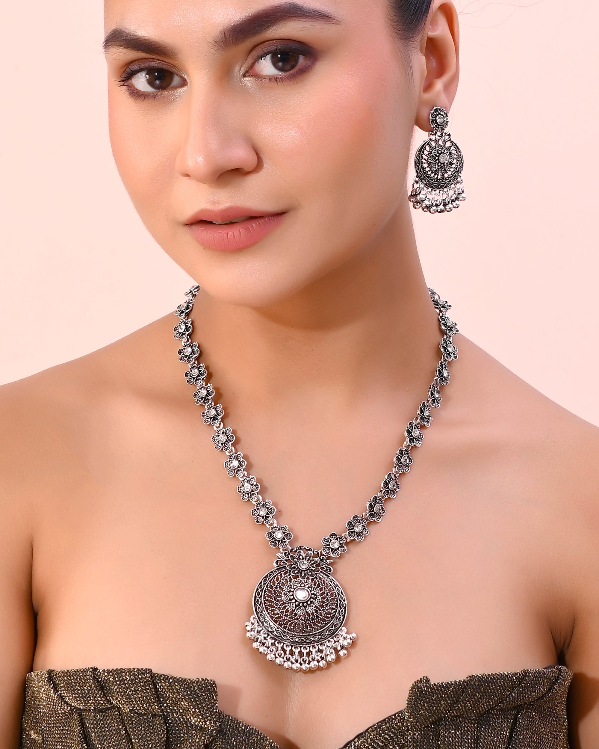 VOJ Silver Plated Floral Oxidized Long Necklace & Earrings