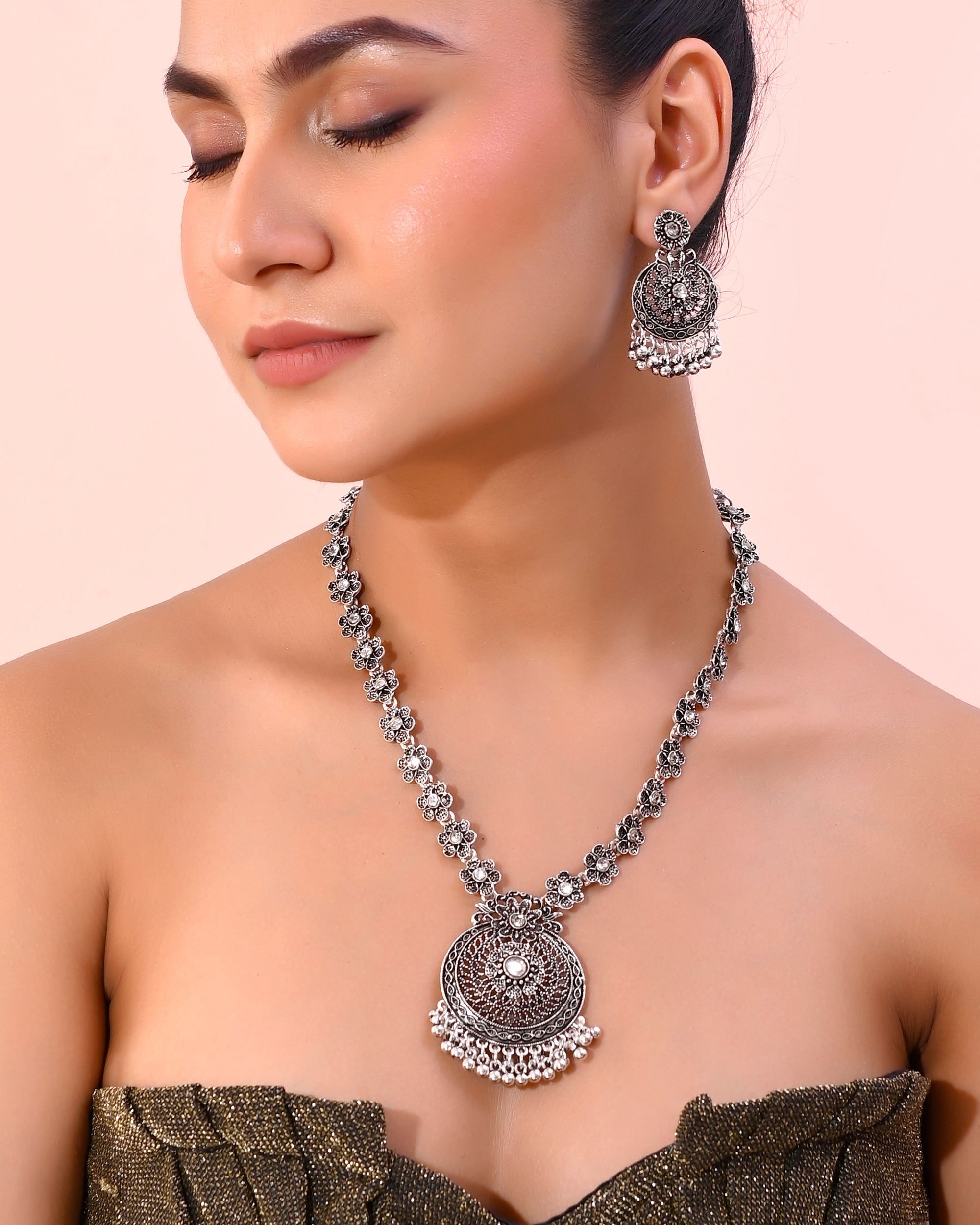 VOJ Silver Plated Floral Oxidized Long Necklace & Earrings