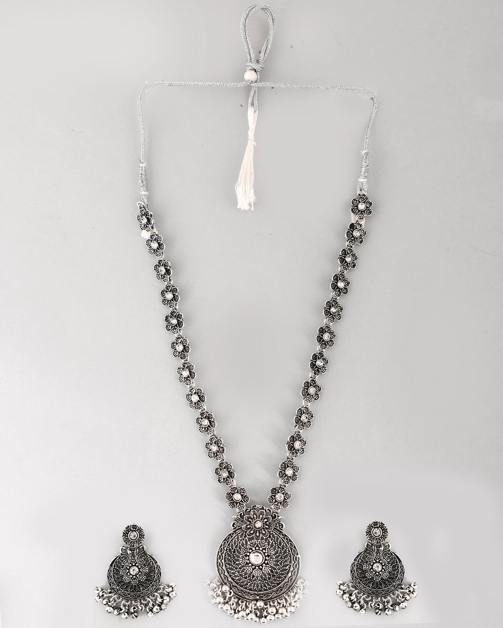 VOJ Silver Plated Floral Oxidized Long Necklace & Earrings