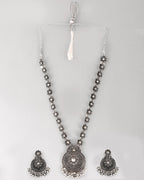 VOJ Silver Plated Floral Oxidized Long Necklace & Earrings