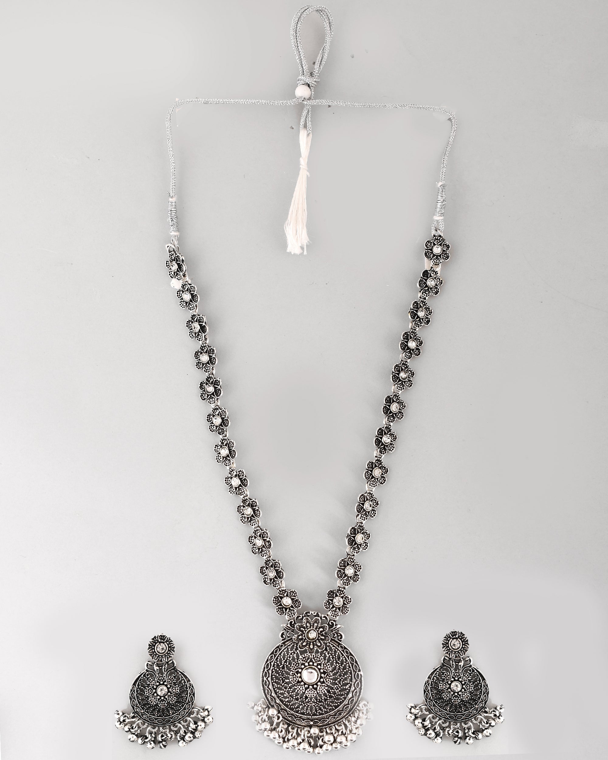 VOJ Silver Plated Floral Oxidized Long Necklace & Earrings
