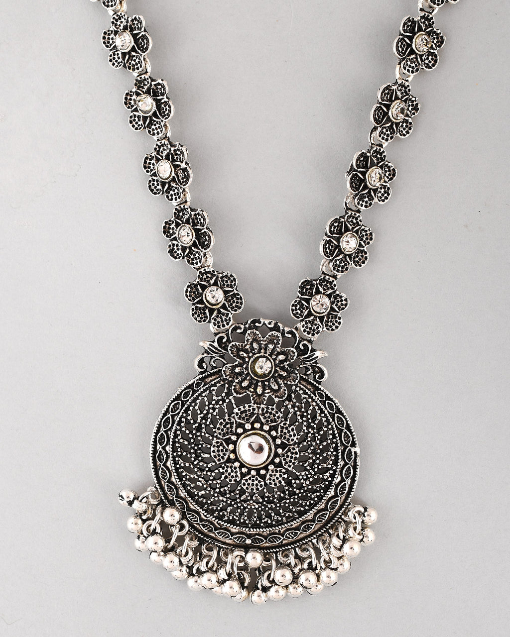 VOJ Silver Plated Floral Oxidized Long Necklace & Earrings