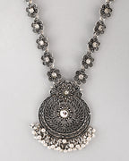 VOJ Silver Plated Floral Oxidized Long Necklace & Earrings
