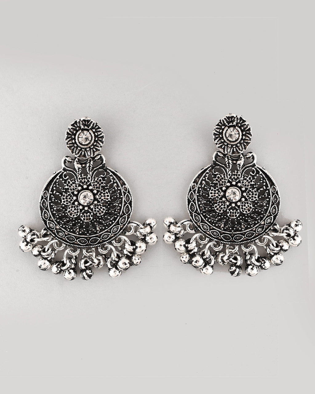 VOJ Silver Plated Floral Oxidized Long Necklace & Earrings