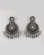 VOJ Silver Plated Floral Oxidized Long Necklace & Earrings