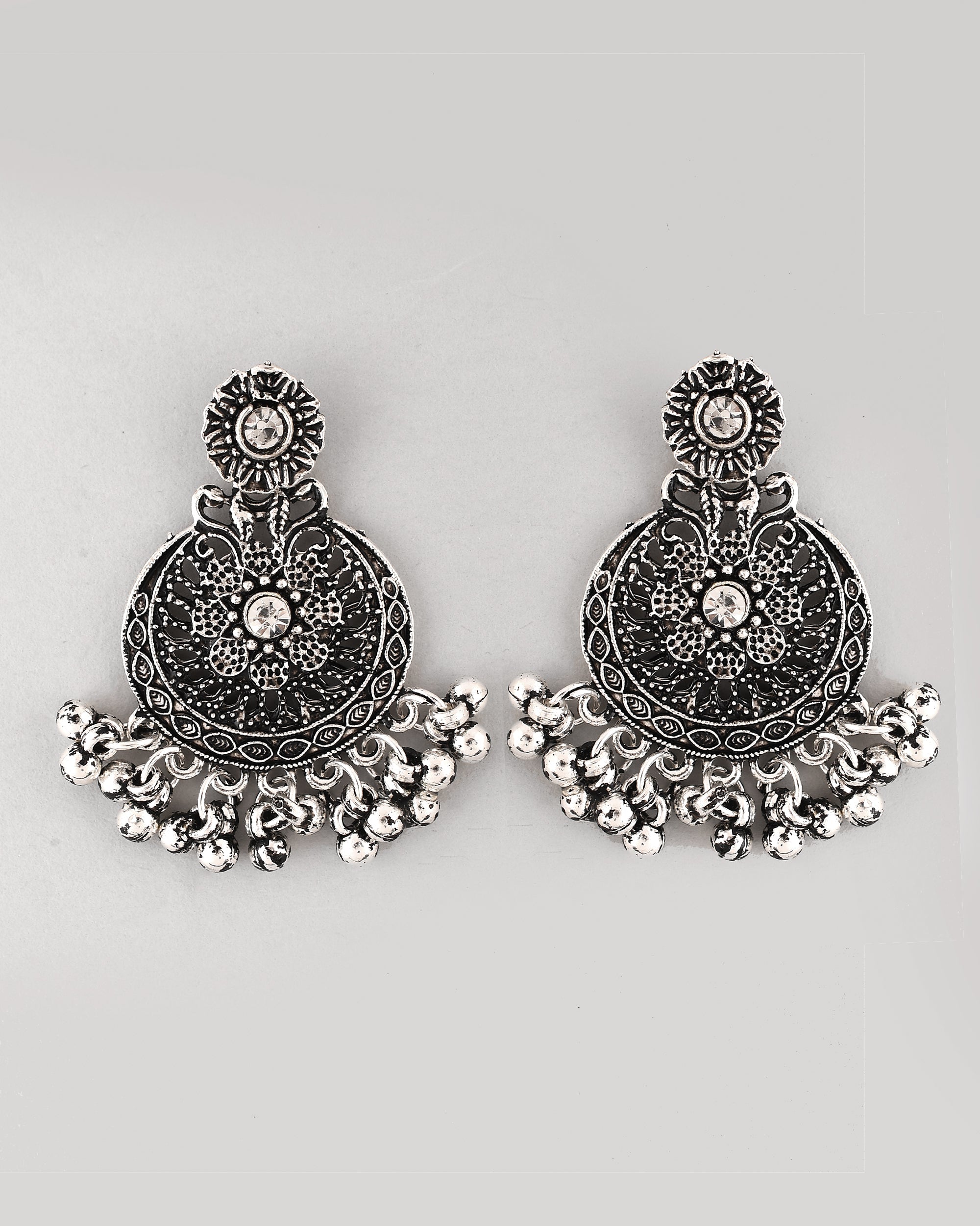 VOJ Silver Plated Floral Oxidized Long Necklace & Earrings