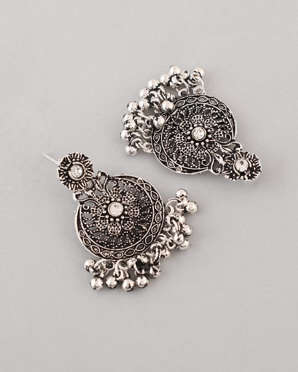 VOJ Silver Plated Floral Oxidized Long Necklace & Earrings