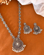 VOJ Silver Plated Floral Oxidized Long Necklace & Earrings