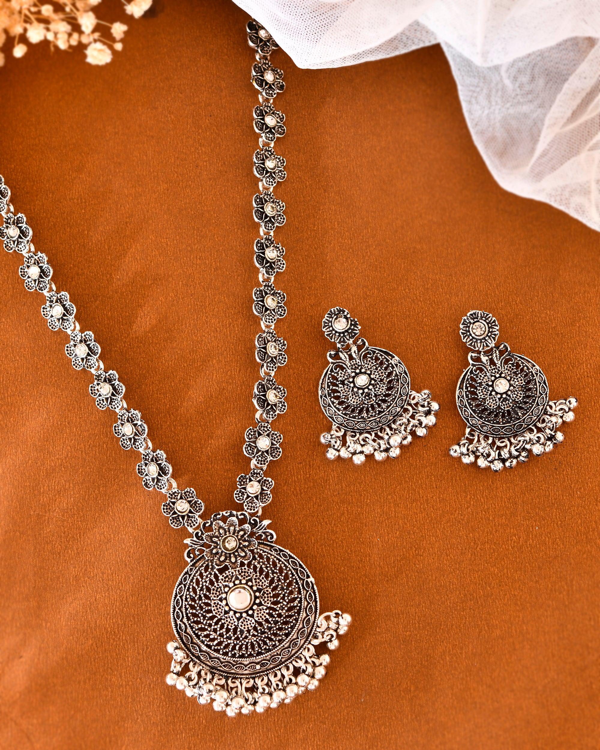 VOJ Silver Plated Floral Oxidized Long Necklace & Earrings