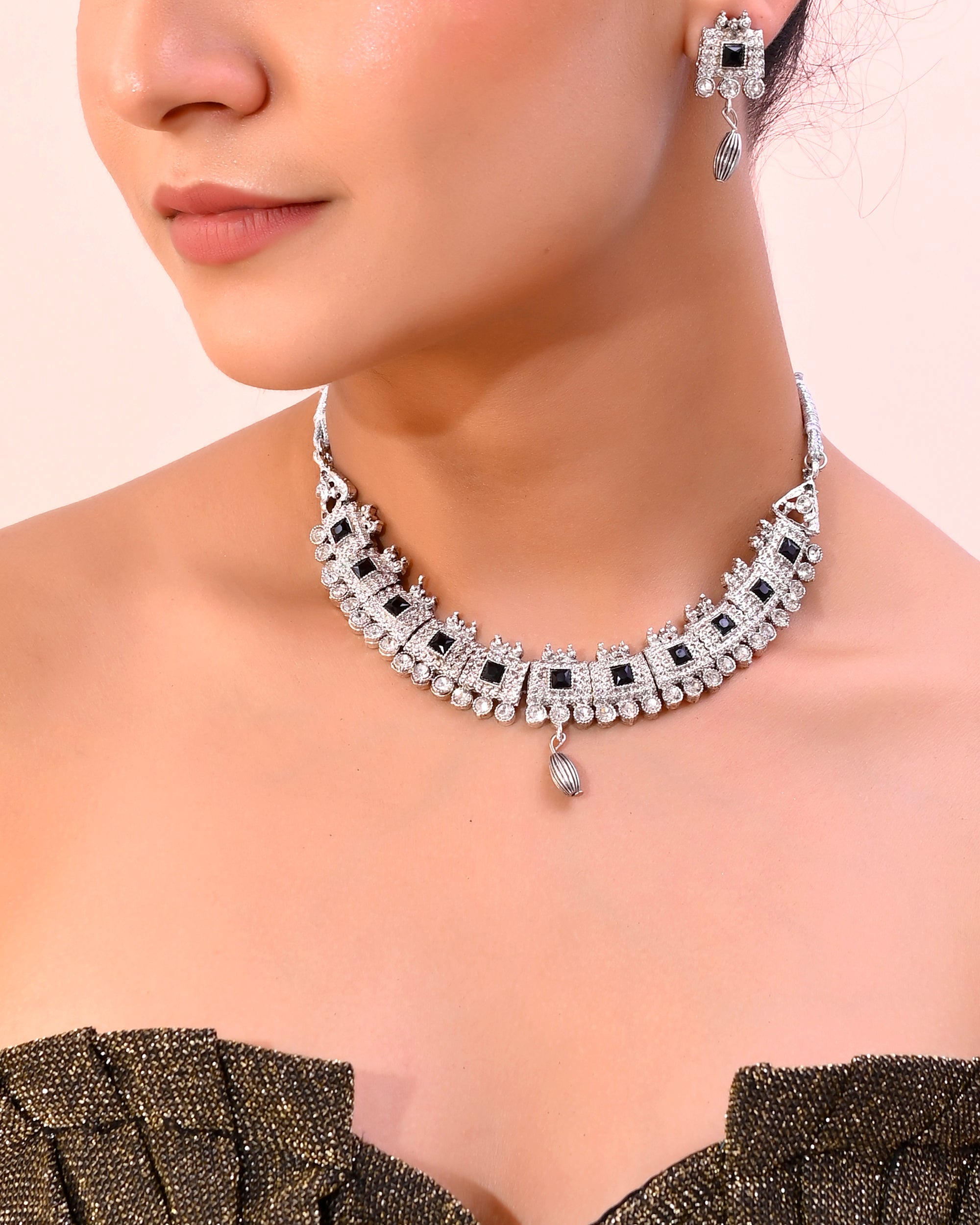 VOJ Silver Plated Black Stone Studded Oxidized Jewellery Set