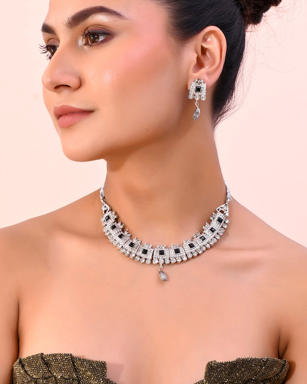 VOJ Silver Plated Black Stone Studded Oxidized Jewellery Set