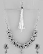 VOJ Silver Plated Black Stone Studded Oxidized Jewellery Set