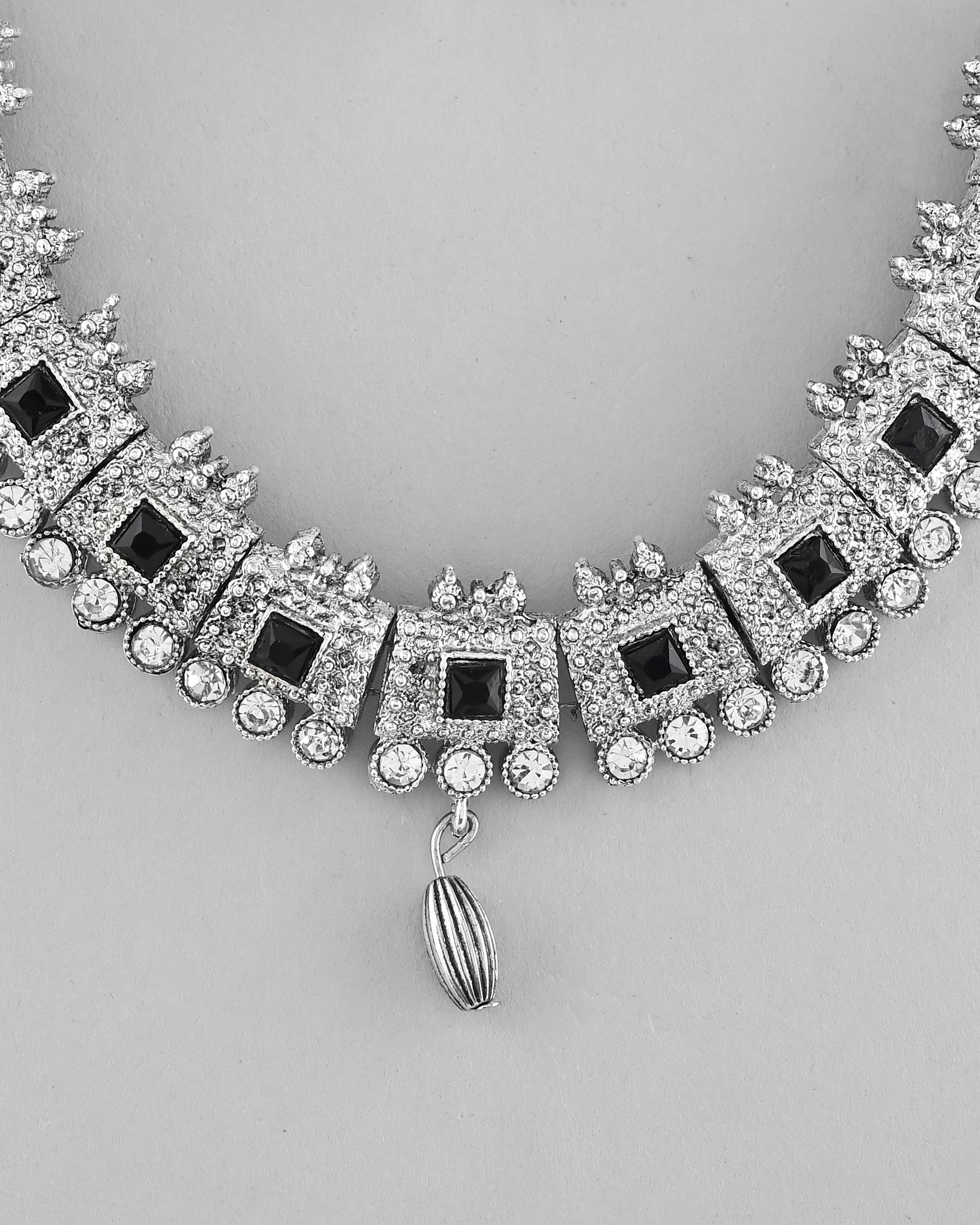 VOJ Silver Plated Black Stone Studded Oxidized Jewellery Set