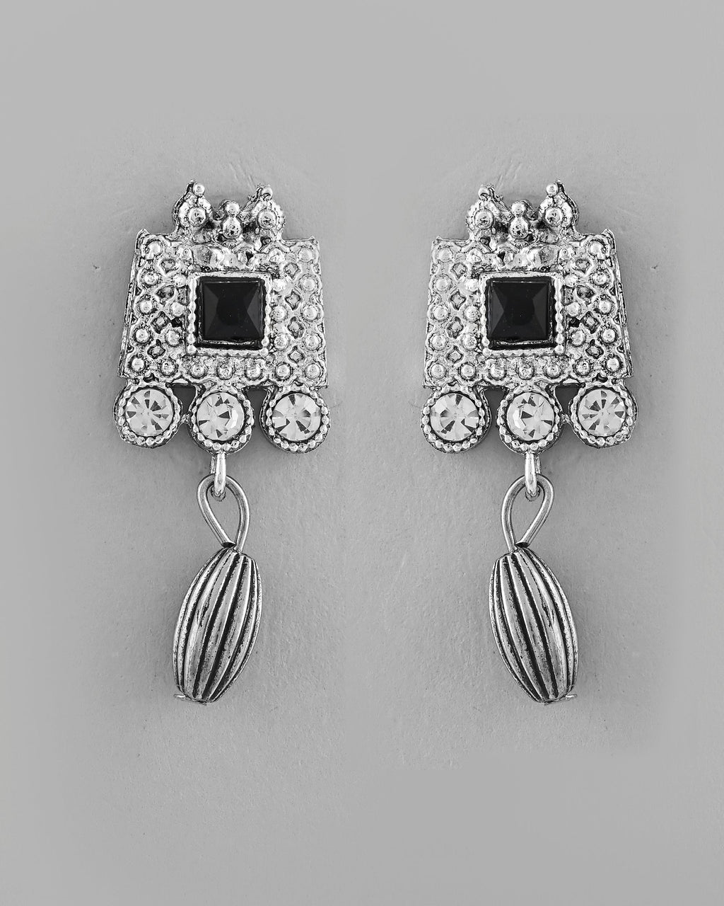 VOJ Silver Plated Black Stone Studded Oxidized Jewellery Set