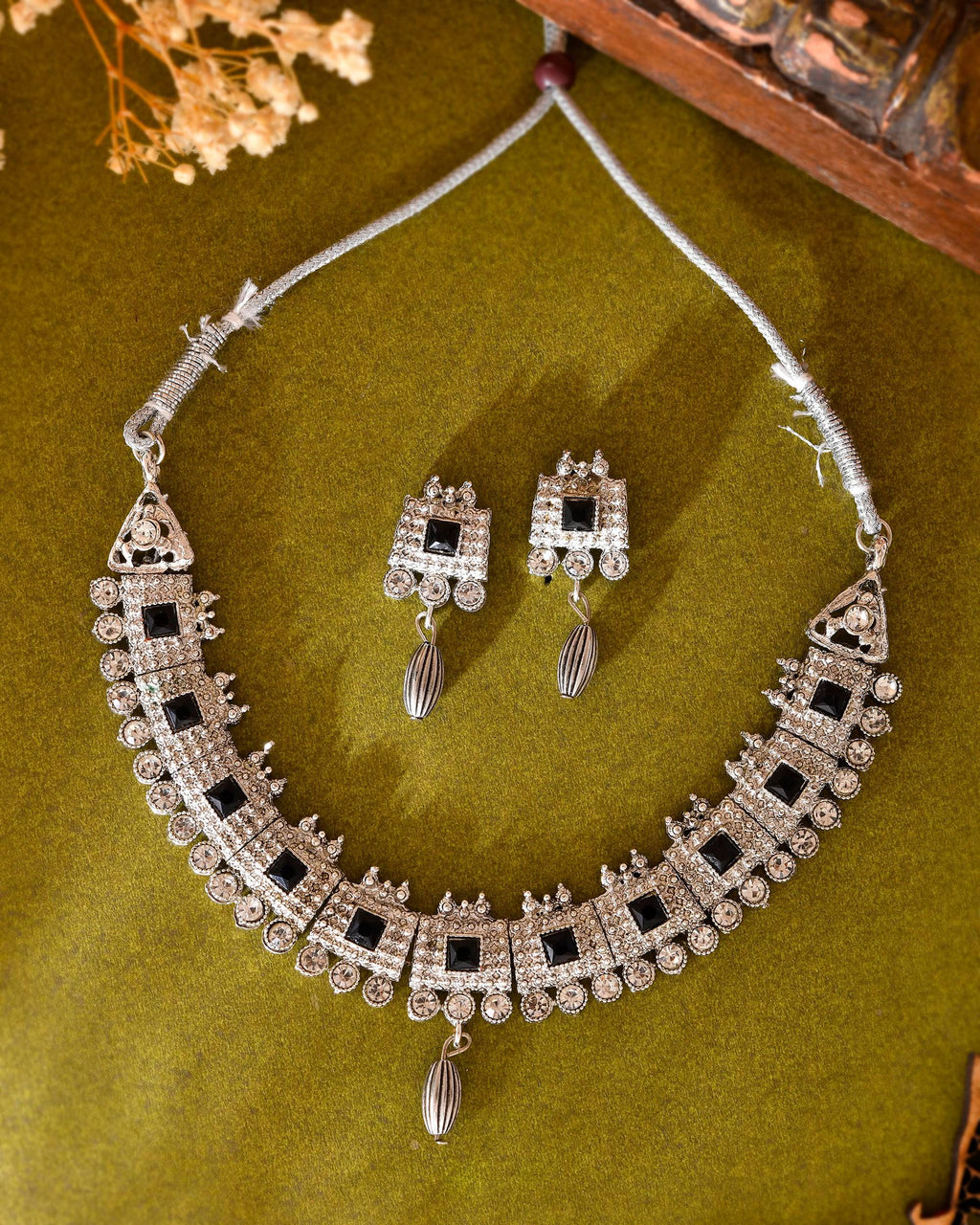 VOJ Silver Plated Black Stone Studded Oxidized Jewellery Set