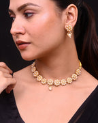 VOJ Gold-Polished Pearl Studded Floral Necklace And Earrings