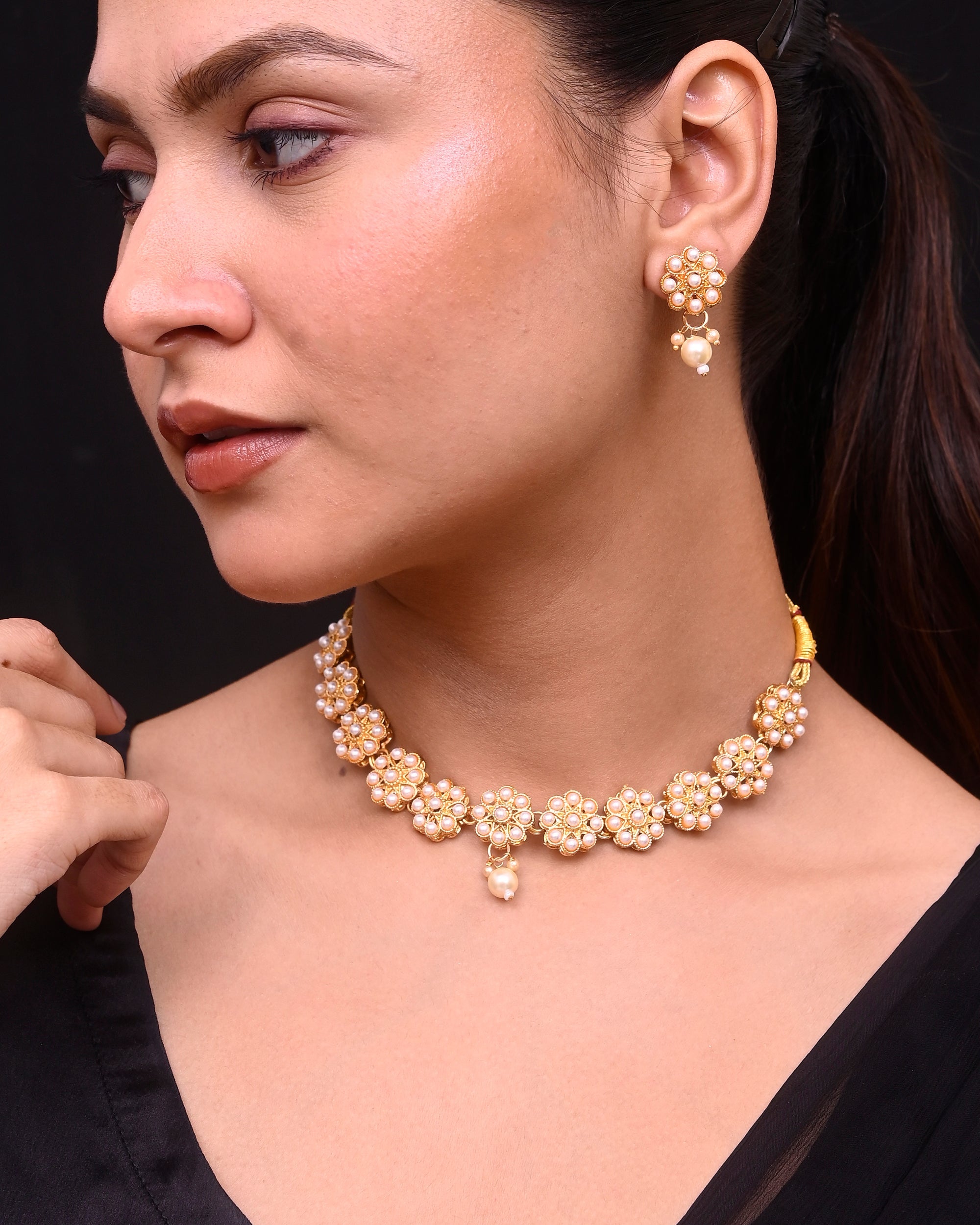 VOJ Gold-Polished Pearl Studded Floral Necklace And Earrings