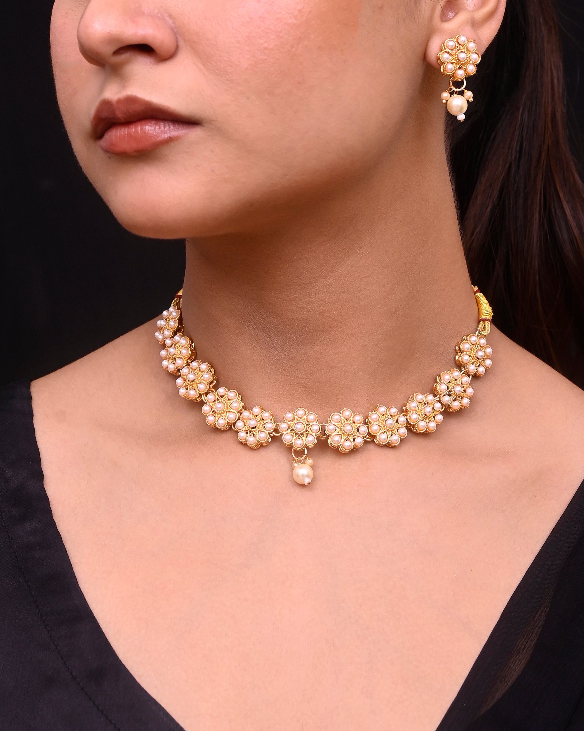 VOJ Gold-Polished Pearl Studded Floral Necklace And Earrings