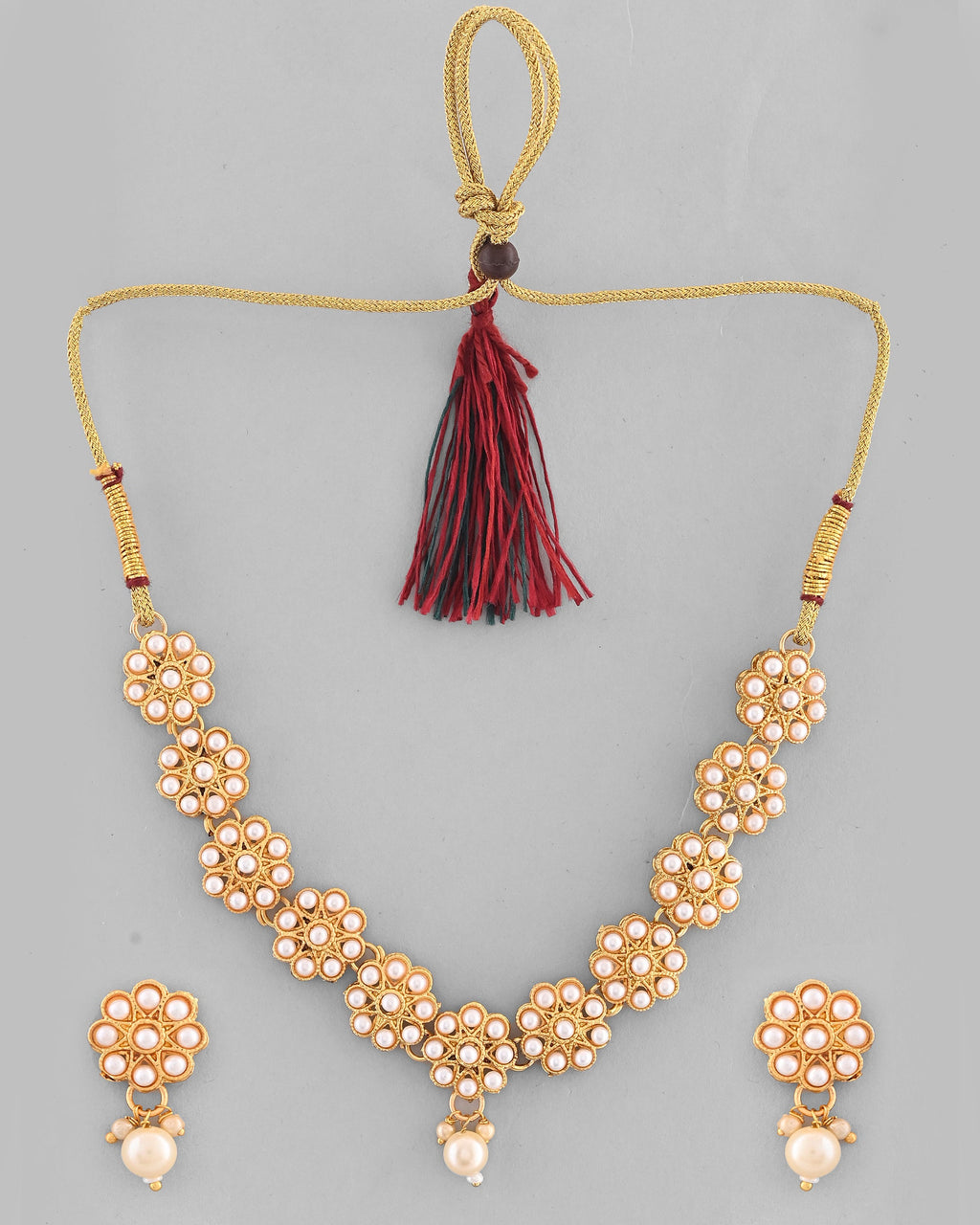 VOJ Gold-Polished Pearl Studded Floral Necklace And Earrings