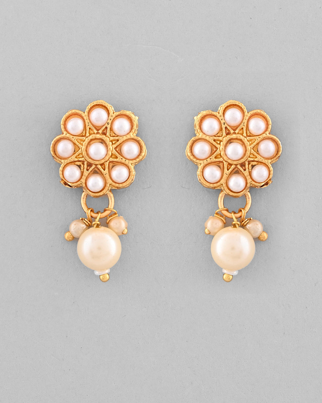 VOJ Gold-Polished Pearl Studded Floral Necklace And Earrings