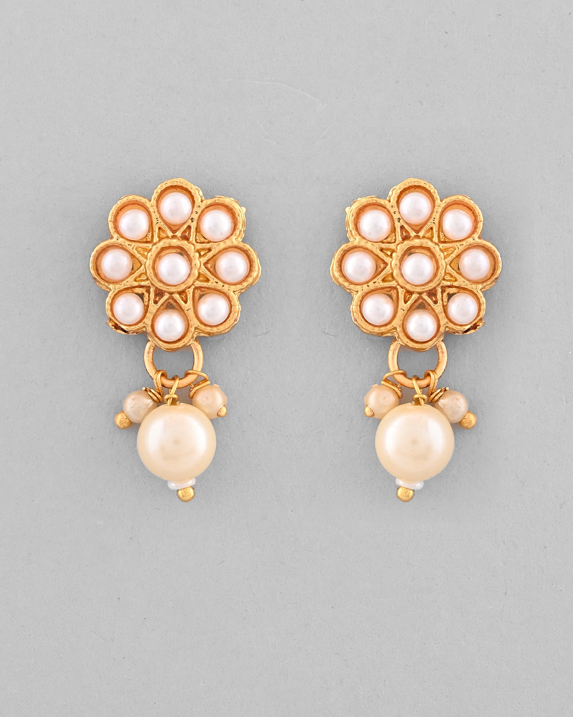 VOJ Gold-Polished Pearl Studded Floral Necklace And Earrings